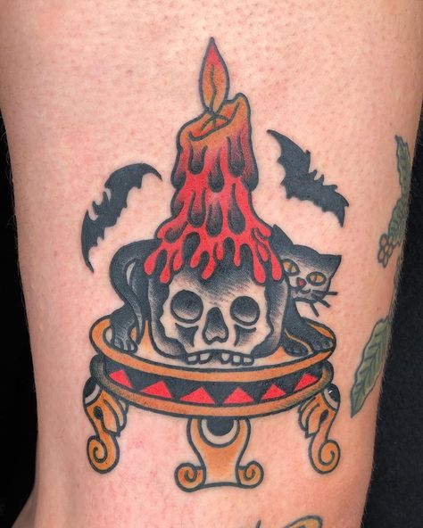 Vintage Halloween Cat Tattoo, Vintage Halloween Tattoo Flash, Candlestick Tattoo, Traditional Candle Tattoo, Traditional Halloween Tattoo, Cauldron Tattoo, Tattoo Candle, Spooky Flash, Bat Tattoos