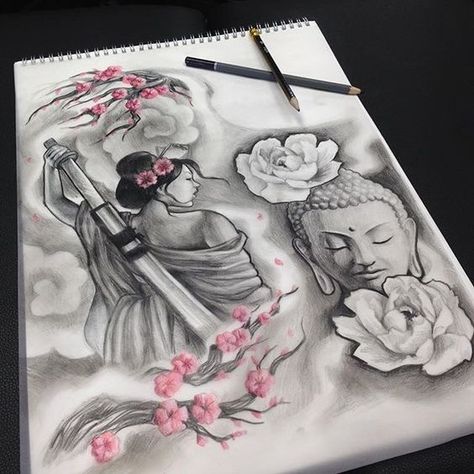 Warrior Geisha, Easy Half Sleeve Tattoos, Half Sleeve Tattoos Color, Upper Half Sleeve Tattoos, Tattoo Buddha, Tattoos For Women On Thigh, Geisha Tattoos, Half Sleeve Design, Japanese Tattoo Women