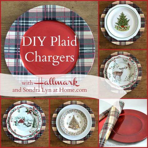 DIY Plaid Chargers - with Hallmark gift wrap and mod podge -from Sondra Lyn at Home Diy Plaid, Charger Plate Crafts, Plaid Diy, Plates Diy, Fun Video, Holiday Crafts For Kids, Holiday Plaid, Dollar Tree Diy Crafts, Christmas Tablescapes