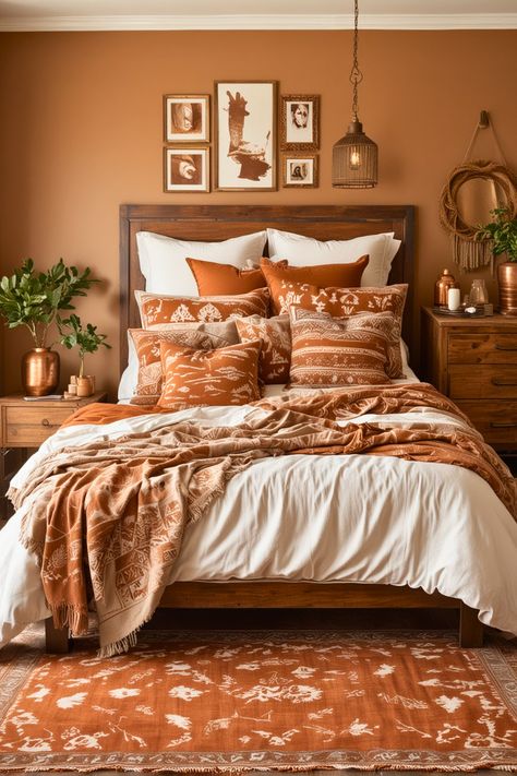 Orange And Wood Bedroom, Desert Theme Bedroom, Southwestern Bedroom Ideas, Southwestern Bedroom Decor, Western Style Bedroom, Southwestern Interior Design, Desert Bedroom, Spanish Bedroom, Southwest Bedroom