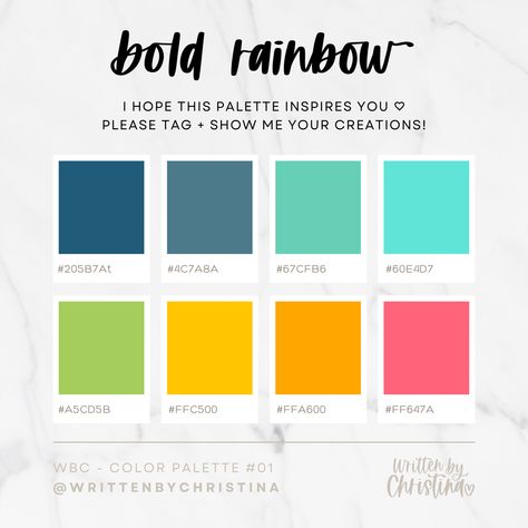 Bold Rainbow color palette with color hex codes Bright Color Pallets Inspiration, Soft Rainbow Color Palette, Rainbow Hex Codes, Retro Rainbow Color Palette, Hawaii Color Palette, Cmyk Color Palette, 7 Color Palette, Muted Rainbow Color Palette, Rainbow Color Scheme