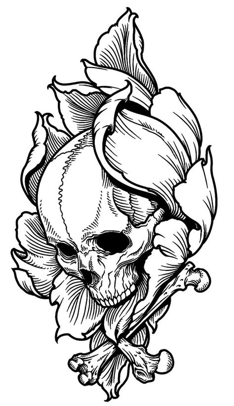 Detailed Skull Drawing, Big Line Work Tattoo, Goth Tattoo Designs Drawings, Dragon And Rose Tattoo, Rose Tattoo Stencil, Woodcut Tattoo, Gothic Tattoo, Tattoo Stencil Outline, Dark Art Tattoo