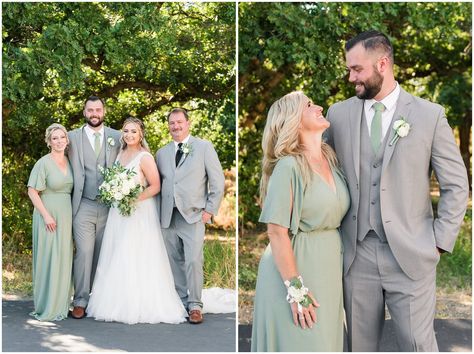 Grey Wedding Decor, Sage Green Tie, Groomsmen Grey, Grey Suit Wedding, Family Wedding Photos, Light Grey Suits, Sage Green Bridesmaid Dress, Utah Wedding Photography, Sage Green Dress