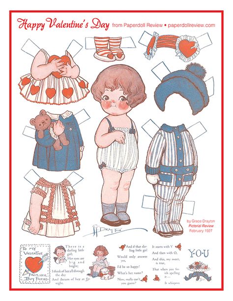 Dolly Dingle Valentine ~-~ Dolly Dingle paper doll comes your way from the February 1927 edition of the classic children's magazine, Pictorial Review. Illustrated by Grace Drayton. Dolly Dingle, Doll Garden, Vintage Paper Doll, Iris Folding, Paper Toy, Campbell Soup, Paper Dolls Printable, Gardening Outfit, Vintage Paper Dolls