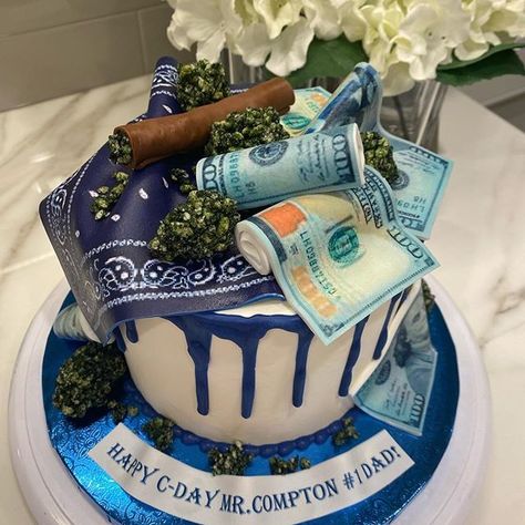 Crip Gang Cakes, Guys Bday Cake, Crip Gang Birthday Cake, Blue Bandana Cake Ideas, Blue Bandana Cake, 22 Birthday Cake Men, Money Birthday Cake For Men, Custom Cakes For Men, 20th Birthday Cake For Guys