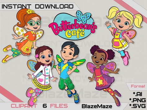 Butterbeans Cafe, Butterbean's Cafe, Fairy Svg, Male Cartoon Characters, Cricut Birthday, Cartoon Drawings Disney, Fairy Clipart, Logo Character, Dog Birthday Party