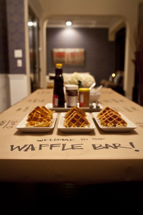 Welcome to the Waffle Bar! You need a Belgium waffle-maker, fruits, different spreads(syrups, butter, honey and Nutella), and of course whip cream and nuts to top it all off. For added fun use kraft paper to write on to label what's what.  FUN! Dinner Party Buffet, Brunch Bar, Waffle Bar, Party Buffet, Brunch Party, Sleepover Party, Pajama Party, Slumber Parties, Cakepops