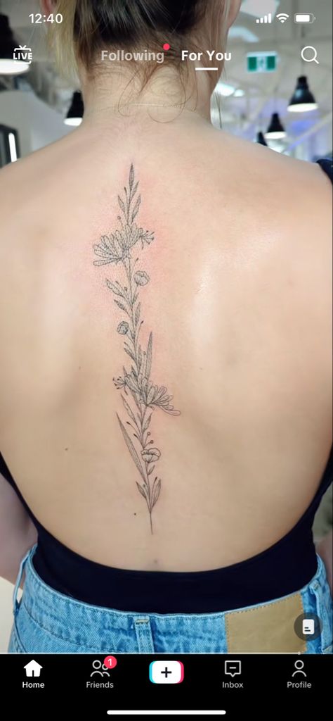 Honeysuckle Spine Tattoo, Animal Spine Tattoo, Spine Fine Line Tattoos For Women, Spine Tattoo Placements, Carnation Flower Tattoo, Flower Spine Tattoos, Carnation Tattoo, Astrology Tattoo, Boho Tattoos