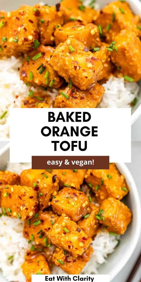 This crispy baked orange tofu is the perfect easy vegan dinner. It's gluten free, can be baked or air fried and is perfect with rice and veggies. This baked orange tofu tastes better than take out and is the best family favorite dinner. High Protein Tofu Recipes, Quick Vegan Dinner, Orange Tofu Recipe, Orange Tofu, Resep Vegan, Tofu Recipes Healthy, Dried Tofu, Tofu Recipes Vegan, Orange Baking