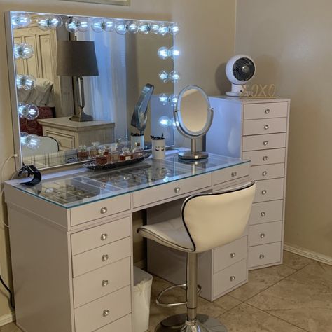 Latitude Run® Vanity - Wayfair Canada Vanity Ideas Bedroom Glass Top, Clear Top Vanity, Cute Vanity Ideas, Vanity Small Space, Amazon Vanity, Glass Vanity Table, Vanity Desks, Clear Vanity, Glass Top Vanity