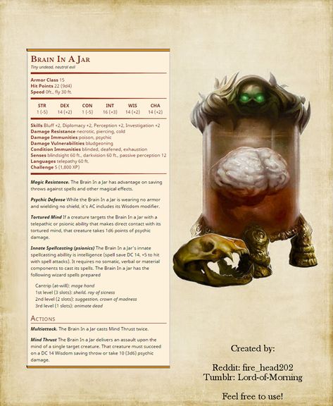 Brain In A Jar, Dnd Stats, Dungeons And Dragons 5e, Dnd 5e Homebrew, D D Monsters, Dnd Dragons, Pathfinder Rpg, Dnd Monsters, D&d Dungeons And Dragons