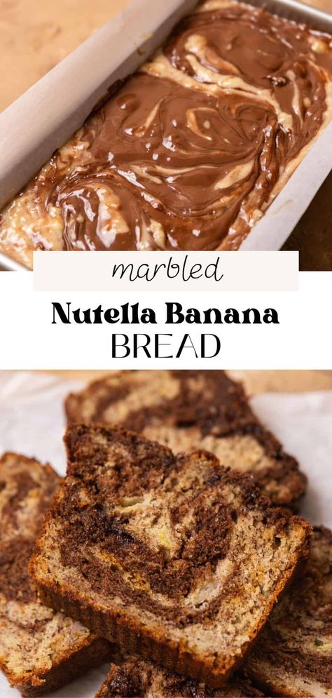 This Nutella banana bread is soft and moist, featuring a marbled swirl of classic and Nutella banana bread batters. There are ribbons of chocolate hazelnut spread swirled on top and throughout the loaf. This recipe uses an entire cup of Nutella, so each bite is packed with rich, nutty flavor! Banana Nutella Bread Recipe, Nutella Banana Bread Recipe, Nutella Recipes Breakfast, Banana Nutella Bread, Nutella And Banana, Nutella Banana Bread, Nutella Bread, Recipes Using Bananas, Tea Cakes Recipes