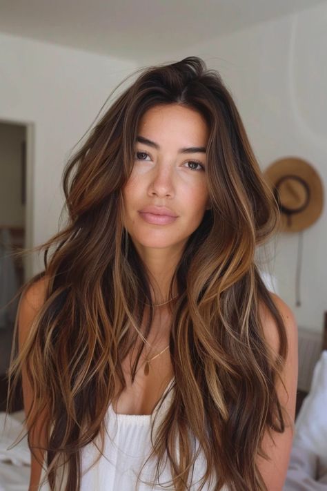 Woman with long, wavy brown hair and highlights, wearing a white top, standing indoors. Dark Hair Bayalage Long, Brunette Foliage Hair, Melted Brunette Balayage, Light And Dark Hair Color Ideas, Women’s Dark Brown Hair With Highlights, Rich Dimensional Brunette Hair Color, Hair For Dark Features, Hair For Dark Eyebrows, Dark Brown Hair Transition To Blonde