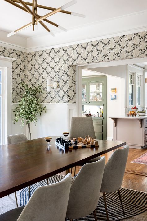 Dining Rooms With Round Tables Ideas, Traditional Dining Room Wainscoting, Small Dining Room Wainscoting Ideas, Stenciled Dining Room, Dining Room Framed Art, Craftsman Dining Room Wallpaper, Wallpaper Dinning Room Wall, Wainscoting With Wallpaper Dining Room, Wallpaper And Wainscoting Dining Room