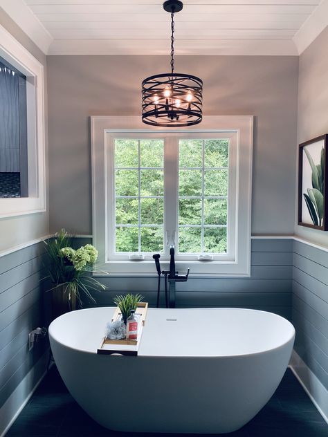 Shiplap Behind Tub Master Bath, Tiny Bathroom Freestanding Tub, Free Standing Tub In Bedroom, Window Over Freestanding Tub, Master Tub Light Fixture, Shiplap Around Freestanding Tub, Shiplap Behind Tub, Bathroom Stand Alone Tub, Bath Alcove Ideas