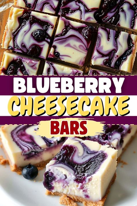 A buttery crust and silky cheesecake meet jammy berries in these irresistible blueberry cheesecake bars for a delicious twist on a classic summer dessert. Huckleberry Cheesecake Bars, Blueberry Cheesecake Brownies, Blueberry Bars Recipes Easy, Dessert Recipes With Blueberries, Blueberry Cheesecake Recipes, Brownie Board, Quick Summer Desserts, Cheesecake Recipes Philadelphia, Blueberry Cheesecake Bars