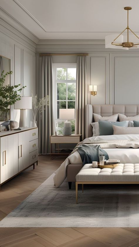 Agreeable Gray Rooms Master Bedrooms, Modern Georgian Interiors Bedrooms, Modern French Bedroom Decor, Paneling Bedroom, Modern Georgian Interiors, American Classic Interior, Modern French Bedroom, Classical Bedroom, French Bedroom Decor