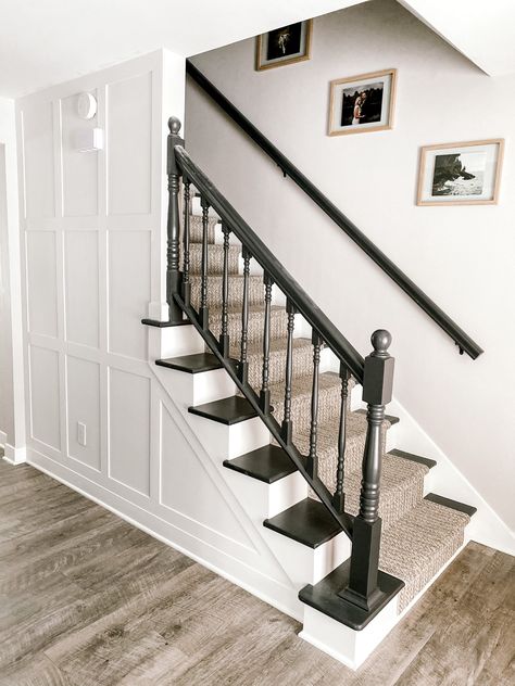 Basement Stairs Handrail Ideas, Stairs With Wall On One Side, Board And Batten Wall Under Stairs, Staircase In Front Of Door Entryway, Stair Wall Board And Batten, Board And Batten Under Stairs, Board And Batten Hallway Wall, Board And Batten Wall Entryway Stairs, Board Batten Entryway