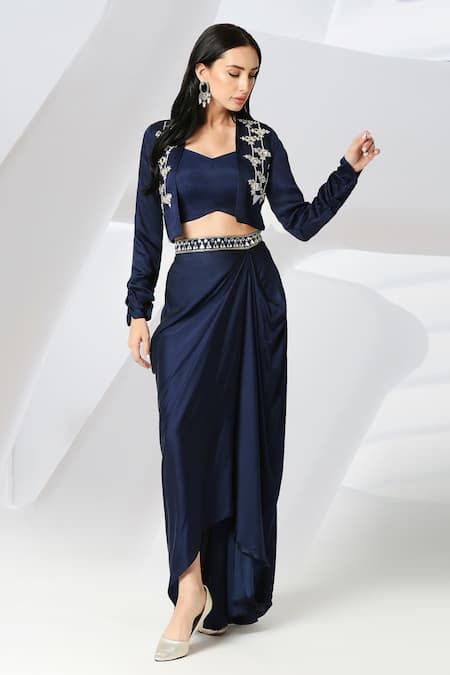 Buy Adamantia Blue Placement Embroidered Jacket Draped Skirt Set Online | Aza Fashions Fall Maxi Skirt Outfits, Mirror Jacket, Summer Outfit Ideas For Women, Trendy Outfits Indian, Skirt And Jacket, Jacket Cape, Outfit Ideas For Women, Desi Fashion Casual, Fancy Dresses Long