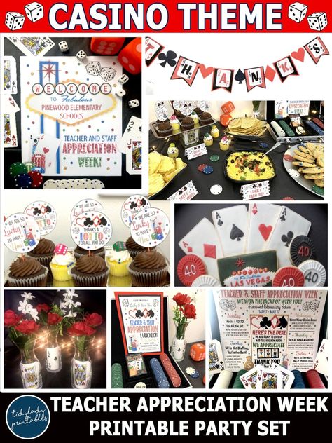 Casino Theme Staff Appreciation, Customer Appreciation Themes, Vegas Theme Teacher Appreciation, Casino Teacher Appreciation, Casino Theme Party Gifts, Volunteer Party Themes, Staff Appreciation Themes Party Ideas, Staff Appreciation Week Theme Ideas, Jackpot Birthday Theme