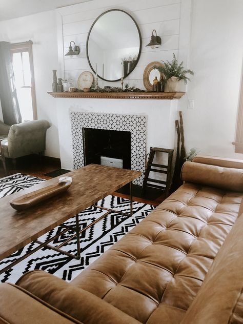 1928 Tudor, fireplace remodel with black and white tiles and shiplap fireplace Old House Fireplace, Tan Couch Living Room Ideas, Tudor Fireplace, Tan Couch Living Room, Tan Sectional, Tan Couch, House Fireplace, Tan Living Room, Couch Living Room Ideas