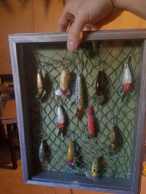 Fishing Lure Display Case, Shadow Box Fishing Lures, Fishing Lure Shadow Box Ideas, Fishing Lure Display Ideas, Fishing Lure Display, Fishing Shadow Box Ideas, Fishing Lure Boutonniere, Fishing Lure Decor, Fishing Lure Art