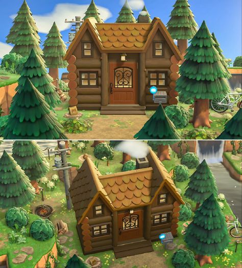 Design Codes in Link’s Description 🌲 Acnh Cabin House Exterior, Animal Crossing Log Cabin, Acnh Log Cabin, Animal Crossing Home Exterior, Cabin House Exterior, Acnh House Exterior, Acnh House Exterior Ideas, Acnh Interior, Acnh House