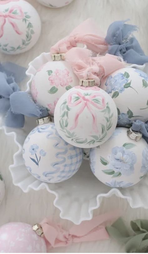 Whimsical Christmas Aesthetic, Girly Christmas Tree Ornaments, Pink And Blue Christmas Decorations, Love Shack Fancy Christmas Tree, Coquette Ornaments, Ornament Painting, Pastel Ornaments, Pastel Pink Ornament, Fancy Christmas Ornaments