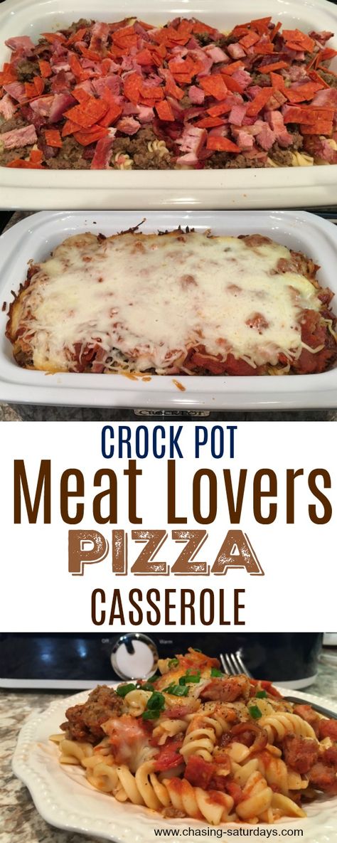 Meat Lovers Pizza Casserole, Crock Pot Meat, Meat Quotes, Casserole Hamburger, Hamburger Pasta, Man Meals, Pizza Dishes, Pasta Sausage, Crock Pot Pizza