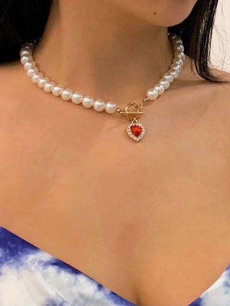 Multicolor Glamorous   Plastic  Pendant Necklaces Embellished   Jewelry Silhouette Necklace, Pearl Strands Necklace, Pearl Decor, Layered Necklace Set, Bee Necklace, Red Jewelry, Expensive Jewelry, Jewelry Lookbook, Rhinestone Heart