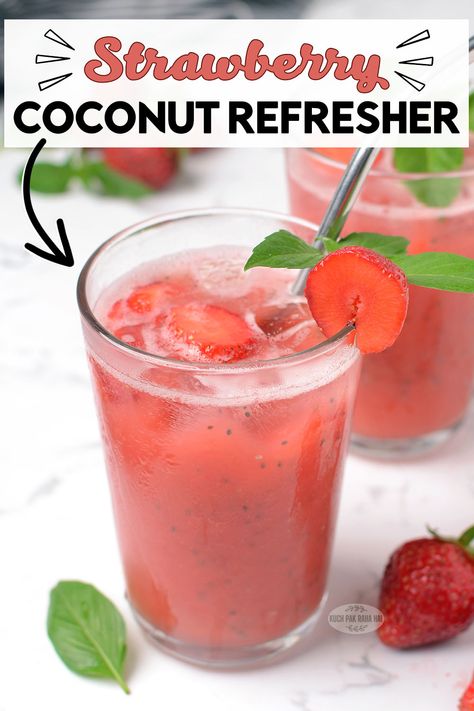 Strawberry Coconut Refresher Healthy Coconut Drinks, Coconut Water Refresher, Drinks Made With Coconut Water, Strawberry Coconut Drink, Coconut Water Drink Recipes, Fruit Refreshers, Strawberry Refresher Recipe, Refresher Recipes, Lemonade Cart