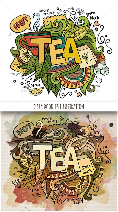 2 Tea Doodles Designs by balabolka | GraphicRiver Chai Illustration, Indian Doodle, Tea Store Design, Tea Poster, Mural Cafe, Tea Restaurant, Tea Illustration, Indian Illustration, Food Wall Art