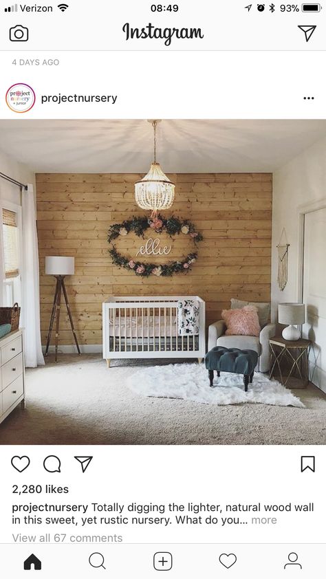 accent wall + chandelier + neautrals but pops of colour = gorgeous ! Wall Chandelier, Wood Accent Wall, Wood Accent, Baby Bedroom, Baby's Room, Baby Crib, Trendy Baby