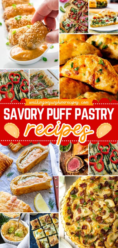 The perfect addition to any breakfast platter! This roundup features puff pastry recipes with a savory filling like pizza, pot pies, quiche, and more. You'll love them as a quick lunch recipe and a family dinner idea, too! Savory Puff Pastry Recipes, Puff Pastry Dinner, Puff Pastry Recipes Dinner, Recipes Using Puff Pastry, Puff Pastry Recipes Appetizers, Puff Pastry Snacks, Puff Pastry Recipes Savory, Easy Puff Pastry Recipe, Savory Puff Pastry