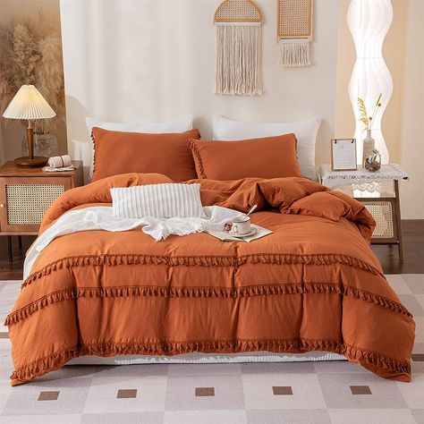 Yellow Tassel Duvet Cover Ultra Soft Microfiber Boho Bedding 3 Pcs Tassel Fringed Yellow Bedding Duvet Cover With Zipper Closure(Yellow,Super King) : Amazon.co.uk: Home & Kitchen Burnt Orange Bedroom Ideas, Tassel Bedding, Burnt Orange Bedroom, Simple Bedding Sets, Shabby Chic Bedding Sets, Beige Duvet Covers, Boho Bedding Sets, Orange Duvet Covers, Boho Comforters