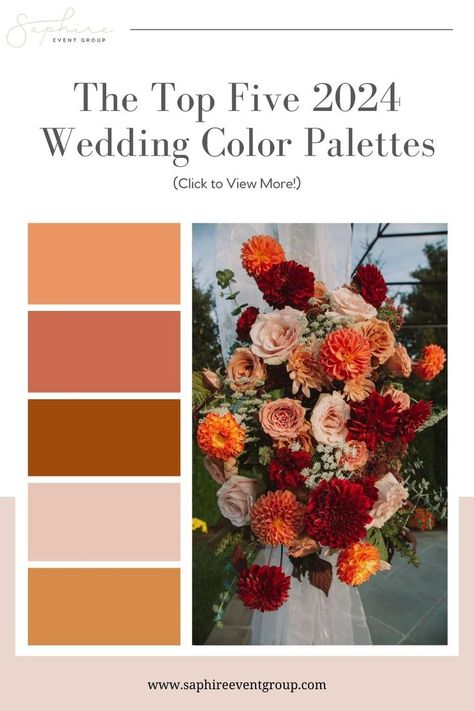 Sunset-Inspired Wedding Color Palette Fall Wedding Color Palette October, Jill Jones, Sunset Wedding Colors, Summer Desert, Wedding Theme Color Schemes, Wedding Color Palettes, Wedding Color Pallet, Fall Wedding Color Palette, Wedding Color Trends