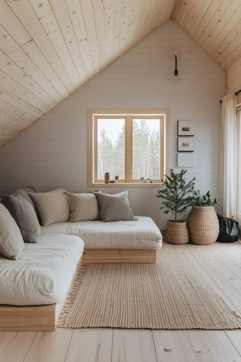 29 Small Cabin Interior Modern Ideas for a Fresh Take on Cabin Living 3 Modern Plywood Interior, Wood Ceiling White Beams, Lagom Interior Design, Scandi Cabin Interior, Modern Cabin Furniture, Bright Cabin Interior, Natural Scandinavian Interior, Scandinavian Interior Decor, Cozy Tiny House Interior