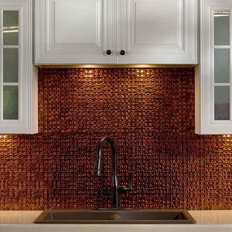 interesting take on backsplash from sink, farmhouse Ceiling Tile Backsplash, Metal Backsplash Kitchen, Contemporary Backsplash, Copper Tile Backsplash, Copper Kitchen Backsplash, Metal Backsplash, Metal Tile Backsplash, Bronze Kitchen Faucet, Stainless Steel Backsplash