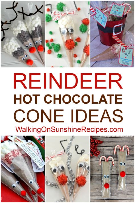 Reindeer Hot Cocoa Bags, Reindeer Hot Chocolate Cones, Hot Chocolate Reindeer, Hot Chocolate Cones, Mason Jar Gifts Recipes, Edible Holiday Gifts, Reindeer Diy, Reindeer Hot Chocolate, Christmas Treats For Gifts