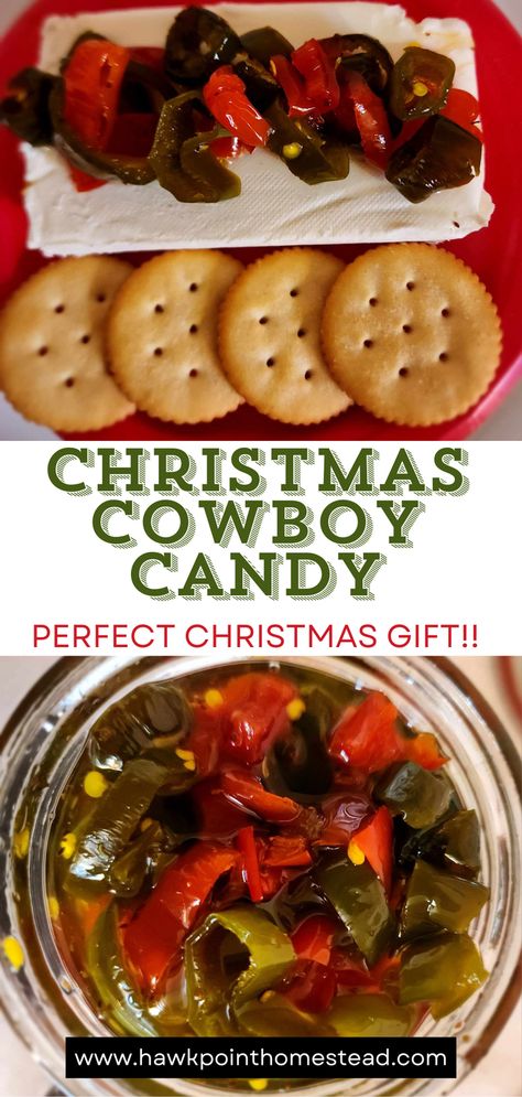 his amazing sweet and spicy Christmas Cowboy Candy Recipe is the perfect Christmas Gift. These candied jalapenos are so delicious, it is easy to eat the whole jar in minutes. The Christmas Cowboy Candy makes a beautiful appetizer served at a Christmas party with cream cheese and crackers. Coming up with personal gifts at Christmas time is always a challenge. This Christmas Cowboy Candy is the Cowboy Candy recipe with adding red peppers to give it the beautiful Christmas colors. Canned Candied Jalapenos, Cowboy Candy Recipes, Cowboy Candied Jalapenos, Cowboy Jalapeno Candy, Christmas Pickles Recipe, Candy Peppers, Cowboy Candy Jalapenos Canning Recipes, Candied Jalapeno Recipes, Country Christmas Food