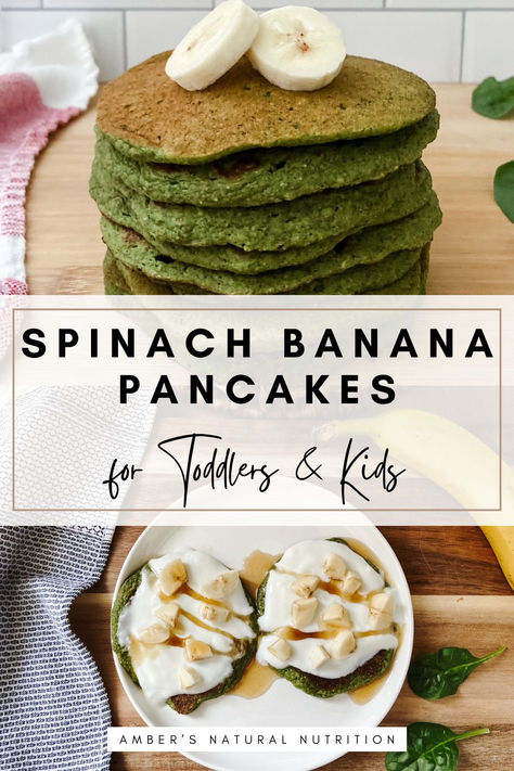 2 images of spinach banana pancakes for toddlers and kids. Top image is of the banana spinach pancakes stacked on a wood counter and the bottom image is of two spinach oat pancakes on a white plate topped with plain yogurt, chopped banana and maple syrup. Pancakes For Toddlers, Banana Spinach Pancakes, Spinach Banana Pancakes, Pancakes For Kids, Hemp Seed Milk, Liver Cleansing, Spinach Pancakes, Vegan Pancakes, Raw Diet