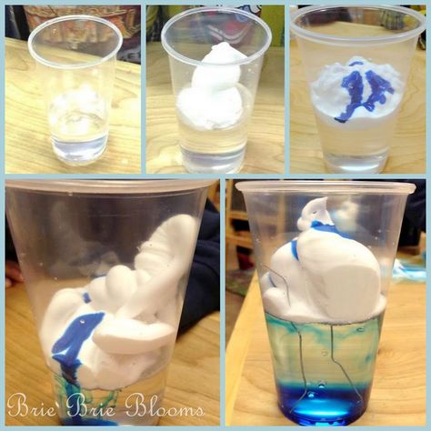 Preschool Science - thunderstorm in a cup -Fill the cup half full of water (sky) Add shaving cream (clouds) few drops food coloring (water droplets).  Explain as the cloud gets full and heavy the water starts to fall from the sky as rain. concept of lightning by explaining the frozen water in the cloud bumps into each other and causes an electrical charge.  Bent paperclips represent lightning. Mad Science Crafts, Preschool Science Crafts, Weather Prek, Cup Half Full, Pre-k Science, Preschool Weather, Weather Theme, Frozen Water, Science Crafts