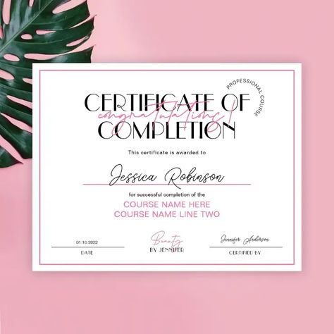 Customizable Certificate of Completion Template in Hot Pink and Black. This Beauty Salon Course Award is perfect to give to your students at the end of their accreditation. You can insert your logo and make branded printed diploma posters for your professional courses. Awards Certificates Design, Certificate Award, Certificate Of Completion Template, Award Design, Beauty Courses, Award Template, Real Estate Marketing Design, Modern Script Font, Certificate Of Achievement