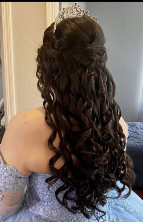 Quince Simple Hairstyles, Quince Hair Down, Half Up Half Down Hair Quinceanera, Simple Quince Hairstyles, Fairytale Quince, Quinceanera Hairstyle, Quinceañeras Ideas, 18th Ideas, Quince Hair