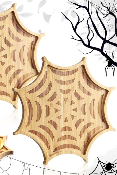 Halloween themed charcuterie board, made of a light and dark brown bamboo, shaped and designed like a spider web. Perfect for hosting and serving appetizers on for Halloween or spooky themed parties. Coffin Cheese Board, Spooky Meat And Cheese Tray, Cheese And Cracker Halloween Tray, Halloween Serving Dishes, Halloween Serveware, Halloween Dinnerware, Mummy Wrap, Pumpkin Dip, Gouda Cheese