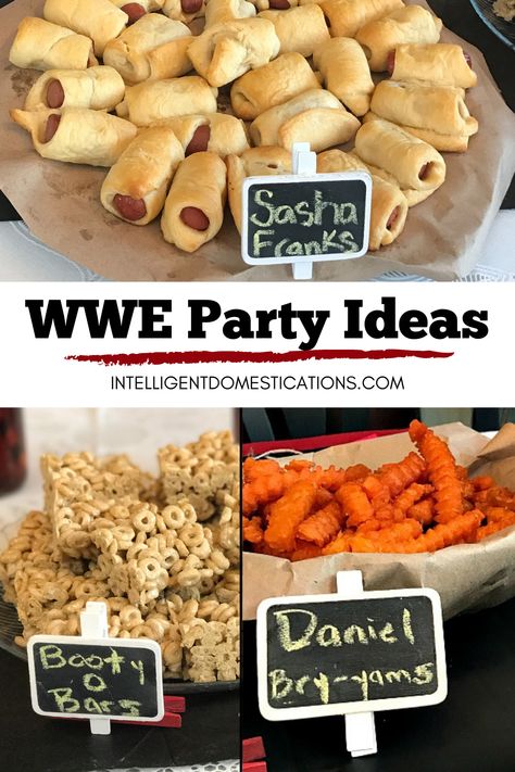 Food with pun name signs in front for wrestlers in the WWE Wrestling Themed Food, Royal Rumble Party Food, Wwe Birthday Party Ideas Food, Wrestlemania Party Food, Wwe Themed Food, Wwe Food Ideas, Wwe Party Ideas, Wwe Cupcakes, Wrestlemania Party