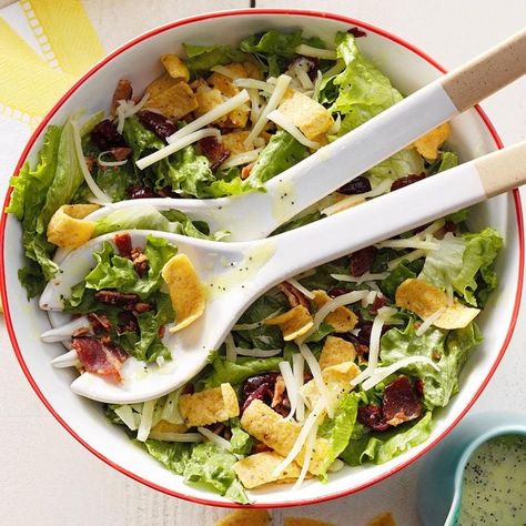 Yummy Corn Chip Salad Sides For Hamburgers, Corn Chip Salad, Chip Salad, Bacon Pea Salad, Pea Salad With Bacon, Frito Corn Salad, Corn Chip, Potluck Salad, Seed Salad