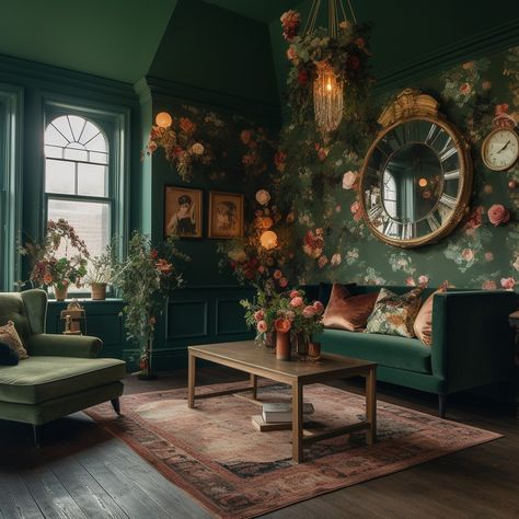 Forest Core Living Room, Green Vintage Bedroom Ideas, Whimsigothic Interior Design, Cozy Green Living Room Ideas, Witch Home Aesthetic Living Room, Dark Art Nouveau Interior Design, Green Academia Living Room, Dark Green Aesthetic House, Whimsigothic Home Living Room