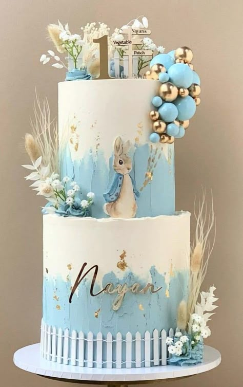 Peter rabbit cake Cute First Birthday Cake, First Birthday Cake Girl, First Birthday Cake Boy, Birthday Cake Pics, Girl First Birthday Cake, Boy First Birthday Cake, First Birthday Cake Ideas, Baptism Cake Boy, Birthday Cake Boy