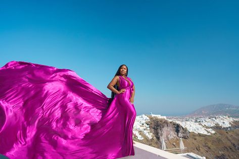 5. Fuchsia satin transformer dress | SantoriniDress Creative Portrait Photoshoot, Santorini Flying Dress, Long Train Dress, Videography Ideas, Transformer Dress, Santorini Dress, Dress For Photoshoot, Flying Dress, Train Dress